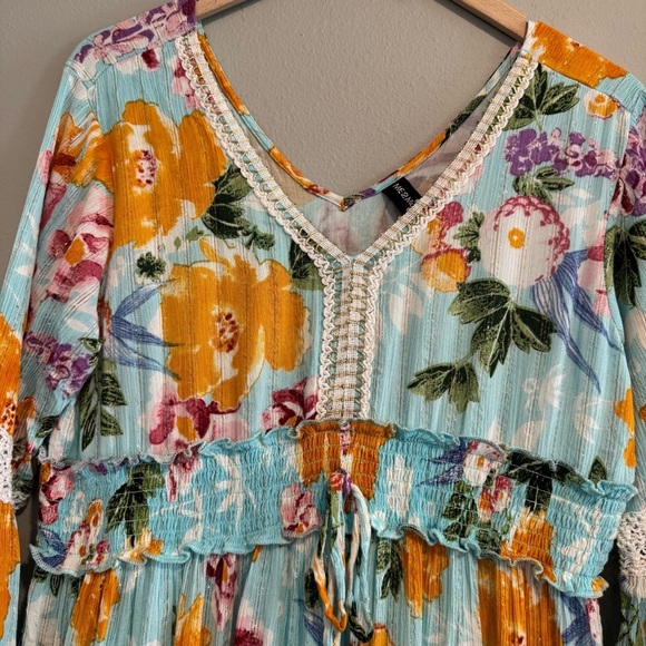Me 2 Magic Floral Maxi Tiered Sundress V Neck Smocked Boho L - Picture 5 of 10